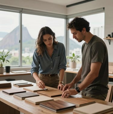 A lifestyle shot of an architect and a client reviewing wood samples in a professional Rio de Janeiro studio. Large windows show a hint of city greenery. Soft, natural light.
