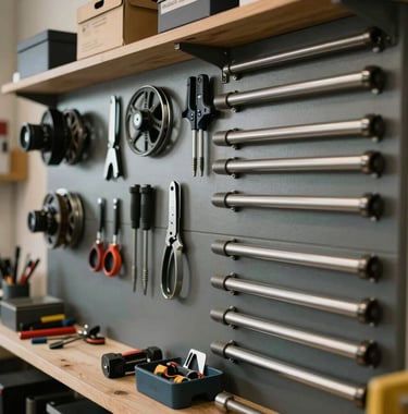 Detailed shot of a beautifully organized tool wall in the Pausk workshop. The focus is on precision and order, reflecting the company's commitment to professional excellence.
