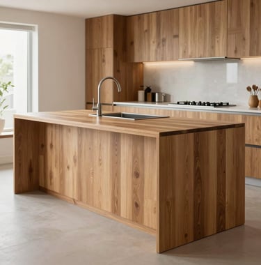Clean, bright photography of a custom-designed kitchen island made of premium light brown wood, set in a modern Brazilian apartment. The style is minimalist and elegant.