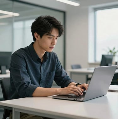 A person sitting at a clean, white desk in a modern North American office, typing on a laptop with a look of quiet concentration and confidence.