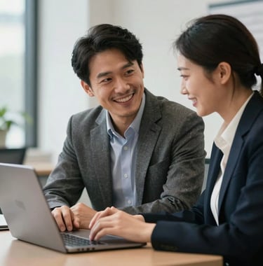 A professional mentor and a client in a North American office setting looking at a laptop screen together, smiling and engaged in positive conversation.