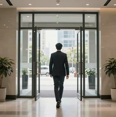 A person confidently entering a bright, modern corporate lobby in a US city, symbolizing a new career beginning and hope.