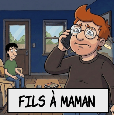 Dessin animé montrant un homme en larmes avec des lunettes au téléphone, sous le regard de son ami,