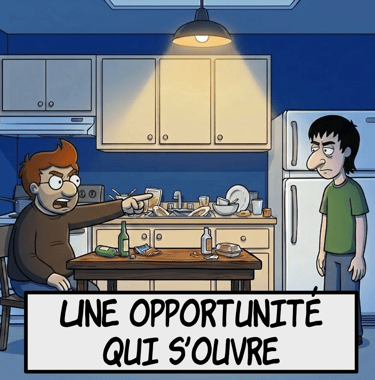 Dessin animé d'un homme pointant du doigt de la vaisselle sale dans une cuisine, avec le texte : une