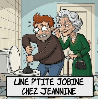 Dessin animé humoristique de plomberie montrant un homme stressé en train d'utiliser un débouchoir à