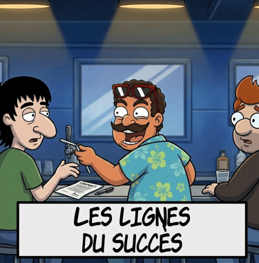 Dessin animé de personnages à un bar en train de discuter d'un contrat d'affaires, avec le texte sup