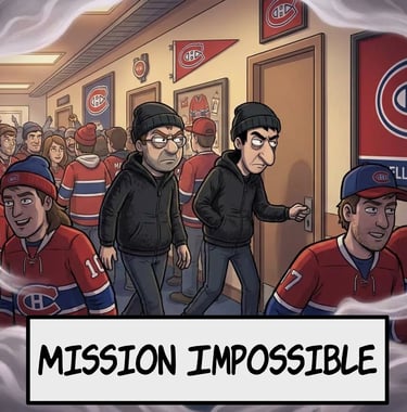 Dessin animé de cambrioleurs se faufilant dans un vestiaire de partisans des Canadiens de Montréal,
