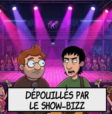 Dessin animé de musiciens sur scène sous des projecteurs violets, avec le texte : Dépouillés par le