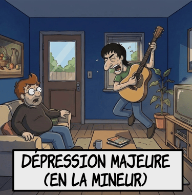 Dessin animé d'un homme qui joue intensément de la guitare acoustique sous le regard d'un ami, avec