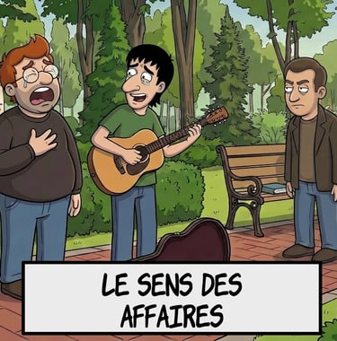 Deux musiciens chantent dans un parc devant un passant agacé. Titre : « LE SENS DES AFFAIRES ».