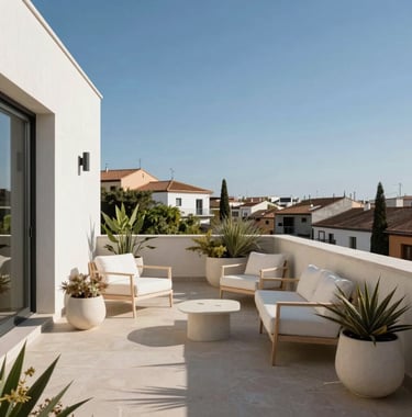 Exterior shot of a private terrace overlooking an exclusive neighborhood in Madrid. The scene features minimalist outdoor furniture, white cream planters with local flora, and a clear blue sky. Professional, high-end photography.