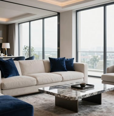A photograph of a luxury living room featuring floor-to-ceiling windows, navy blue velvet cushions on a cream sofa, and a gray marble coffee table. Minimalist decor, bright natural light, luxury real estate style.