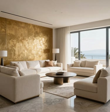 Interior photography of a bright, minimalist luxury living room in a Mediterranean penthouse. Featuring cream furniture, polished grey stone floors, and a golden accent wall. Spanish-speaking / Iberian Peninsula context. Natural soft morning light.
