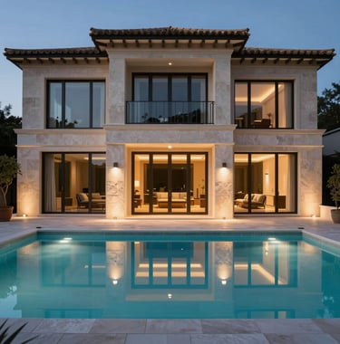 An exterior evening shot of a modern villa facade with illuminated pool, showing high-end architectural symmetry and premium materials like stone and dark glass. Luxury lifestyle photography, Iberian Peninsula.