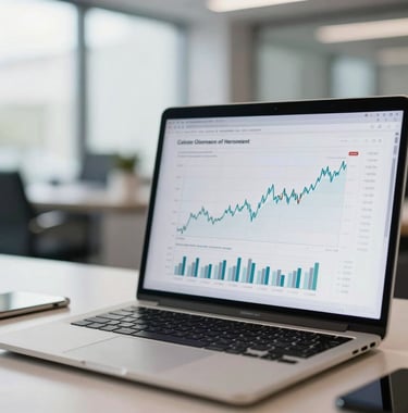 A close-up shot of a modern laptop screen displaying clean financial performance charts on a sleek desk in a bright corporate office in Germany. Professional and motivating atmosphere.