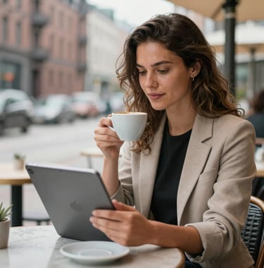 Beautiful outdoor shot of a modern, stylish entrepreneur sitting in a bright café in Hamburg, Germany, working on a tablet with a cup of espresso. Relaxed but professional atmosphere, capturing financial freedom and flexible lifestyle.