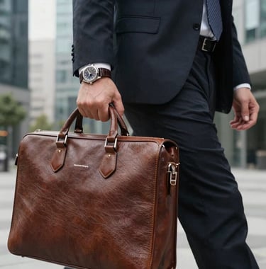 Close-up of a stylish elegant wrist watch on a professional holding a leather briefcase, walking in a modern business district in Central Europe.