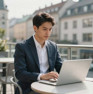 A confident professional in business casual attire sitting on a bright modern terrace in a Central European city, working on a clean laptop and looking relaxed. Soft natural morning light, realistic photography style.