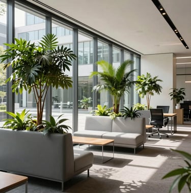 A beautiful bright modern office interior in Munich or Zurich, featuring large glass windows, green indoor plants, sleek minimalist furniture, professional setting.