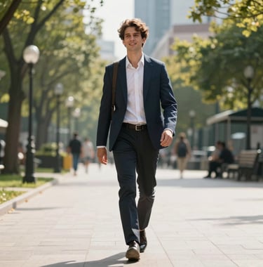 An optimistic Central European person walking through a bright, sunlit city park, representing personal freedom and peace of mind. Professional corporate photography.