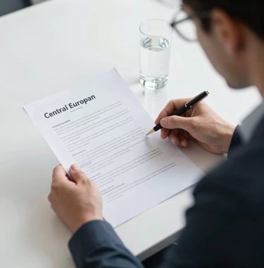 A professional entrepreneur reviewing document portfolios on a bright clean white desk, with a glass of water, corporate Central European aesthetic.