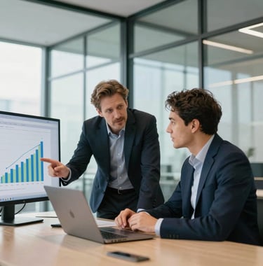 Warm, professional photography showing a business meeting in a modern glass-walled office in Berlin, Germany. A mentor and client reviewing growth metrics on a digital screen, looking optimistic. Clean composition, bright day lighting.