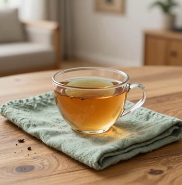Photography of a warm cup of herbal tea resting on a wooden table next to a soft sage green linen cloth. The scene is set in a bright Western European / French living room, reflecting a peaceful lifestyle and holistic wellness.