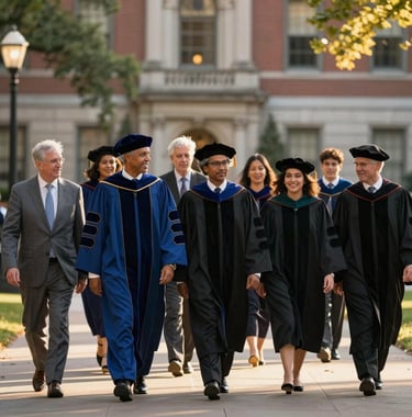 Photography of a diverse group of academic scholars in North American university attire, walking together through a historic campus quad. The lighting is golden hour, creating a warm and inspiring mood for future leadership.