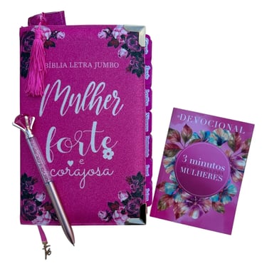 Bíblia feminina ARC mulher forte capa rosa com devocional e acessórios