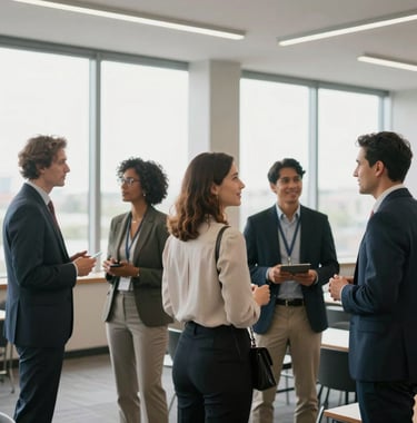 A modern conference hall with Latin American professionals networking, bright windows, professional and optimistic atmosphere.