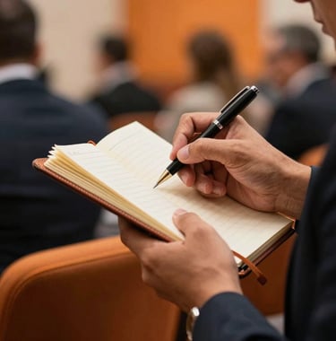 Close-up of a Latin American professional taking notes in a leather notebook during an business event, soft light, warm orange accents.