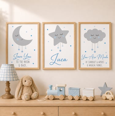 personalised moon stars & cloud nursery prints for baby boy by bunting & Beau