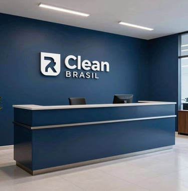 Clean, modern reception area of a Brazilian law firm with dark blue walls, light gray floor, and professional signage.