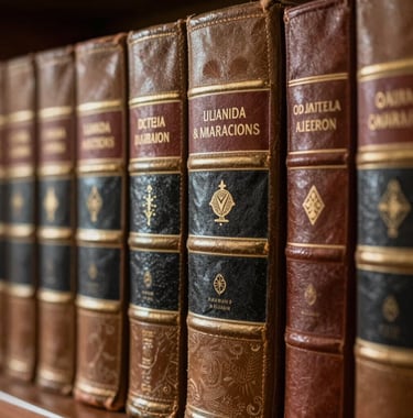 Detail of the office library with leather-bound legal books and a subtle South American artistic touch, professional lighting.