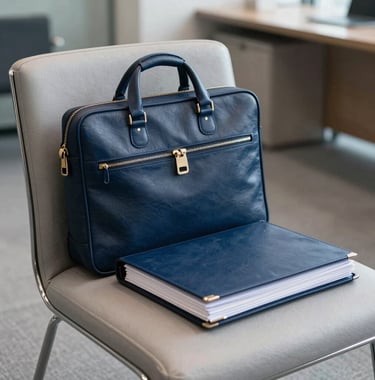 A sharp, professional photograph of a leather briefcase and legal folders sitting on a chair in a modern Australian office waiting room. Palette includes midnight blue and light grey.