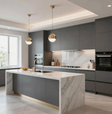 An interior shot of a bespoke luxury kitchen with high-end finishes. Marble countertops, custom cabinetry in slate #4A5759, and designer pendant lighting. The space is bright and airy, reflecting a mood of modern sophistication and precision craftsmanship.