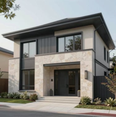 Exterior facade of a modern luxury home highlighting the use of natural stone and dark metal accents (#212121). Precision-engineered aesthetic.