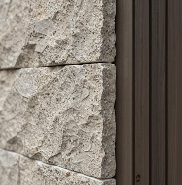 A detailed close-up of high-end construction materials: textured stone masonry meets precision-cut dark timber cladding. The lighting is crisp and clear, highlighting the craftsmanship. Brand colors #C8B8A3 and #4A5759 are visible in the stone and wood tones.