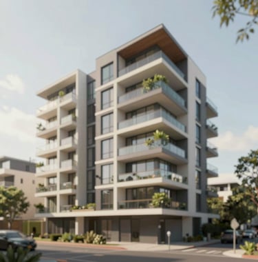 A wide shot of a modern multi-dwelling development in a prestigious NSW suburb. The design is sophisticated with sleek balconies and integrated greenery. Lighting is bright daylight, emphasizing structural perfection. Brand colors #F5F2ED and #4A5759 dominate.