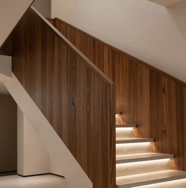 Close-up detail of a bespoke timber staircase and integrated lighting in a luxury interior. Demonstrating precision and high-end craftsmanship.