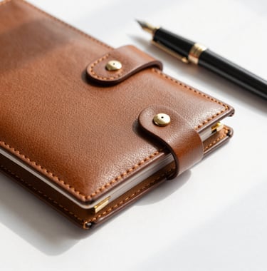 Close-up of a luxury leather planner and a fountain pen resting on a pure white surface. Soft natural lighting, elegant shadows, European aesthetic.