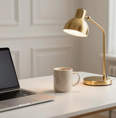 A clean, high-end desk setup with a thin laptop, a sand beige ceramic mug, and a delicate gold-toned task lamp. Professional French interior, feminine and minimalist style.