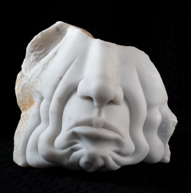 Surreal white marble sculpture of a melting human face with distorted features on a black background.