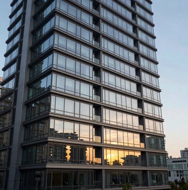 Architectural photography of a modern residential glass tower in a North American city. The reflection of the sky on the windows shows soft slate blue and gold tones from the setting sun, representing premium real estate investment.
