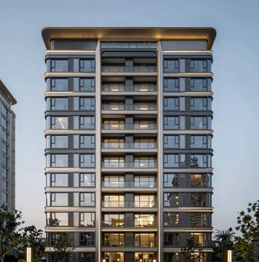 An architectural photograph of a sleek, modern residential development in a prestigious US neighborhood. The facade features glass, dark steel, and elegant lighting, evoking luxury.