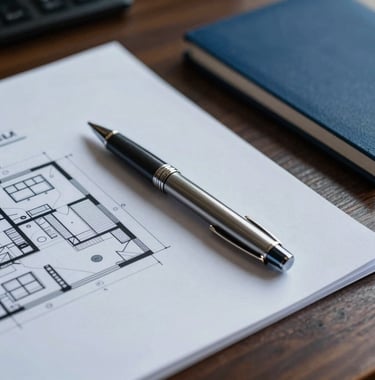 A close-up photograph of architectural plans and a high-end metal pen resting on a dark wood desk in a North American corporate setting. The lighting is focused and professional, highlighting textures of paper and wood in a palette of deep blues and greys.
