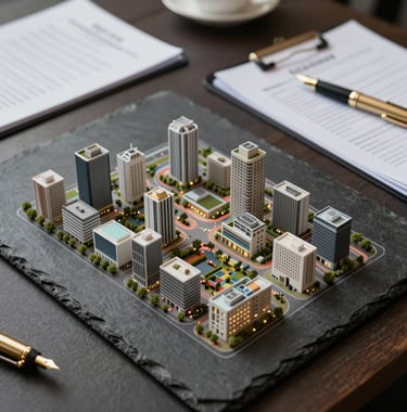 A high-angle photograph of a sophisticated urban development plan laid out on a dark slate table, accompanied by a gold fountain pen and professional documents. Elite atmosphere.