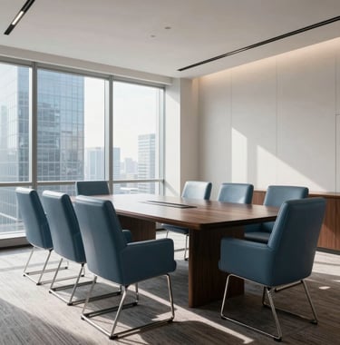 Clean, minimalist photography of a luxury boardroom interior in a North American skyscraper. Slate blue leather chairs surround a dark wood table. Natural morning light filters through large windows, highlighting professional elegance.