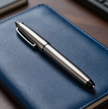 Close-up photography of a silver fountain pen resting on a dark blue leather portfolio. The lighting is focused and soft, suggesting intellectual rigor and precision in a modern North American office setting.
