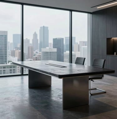 A sleek, contemporary boardroom table made of dark stone and metal, reflecting a wall of glass overlooking a cityscape. The scene is empty, conveying a sense of quiet power and intellectual focus.